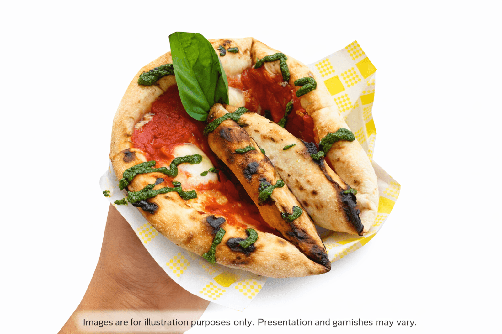 Margherita Madness Pizzino held in hands, top-down closeup