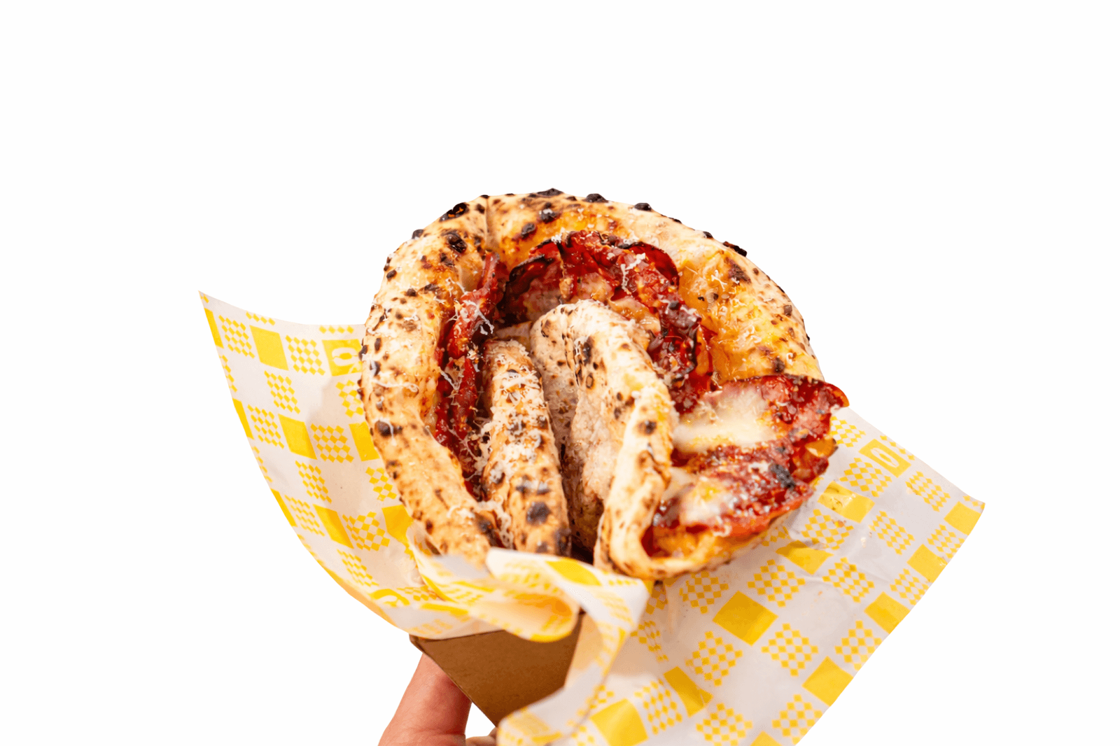 Spicy Salami Pizzino, point-of-view closeup with cupped salami