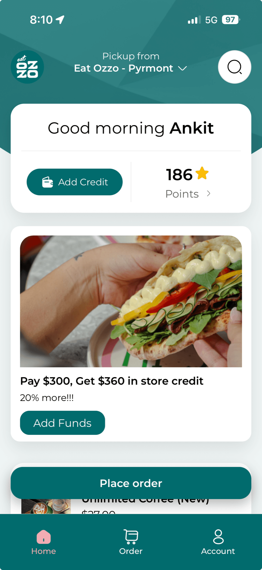 The Eat Ozzo app home screen showing a points balance, order button and the day's special
