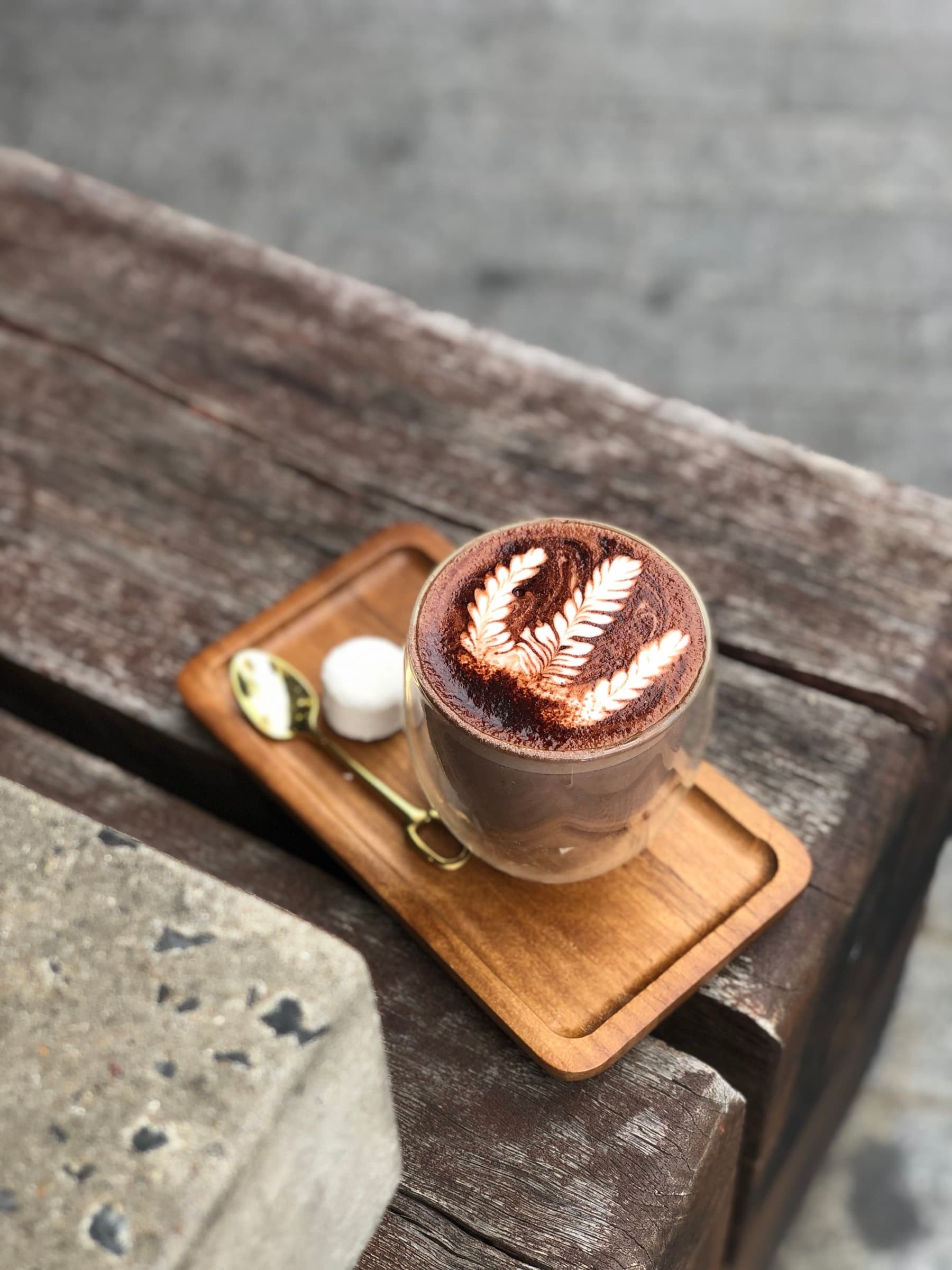 A mocha with fern latte art on a wooden tray at Eat Ozzo