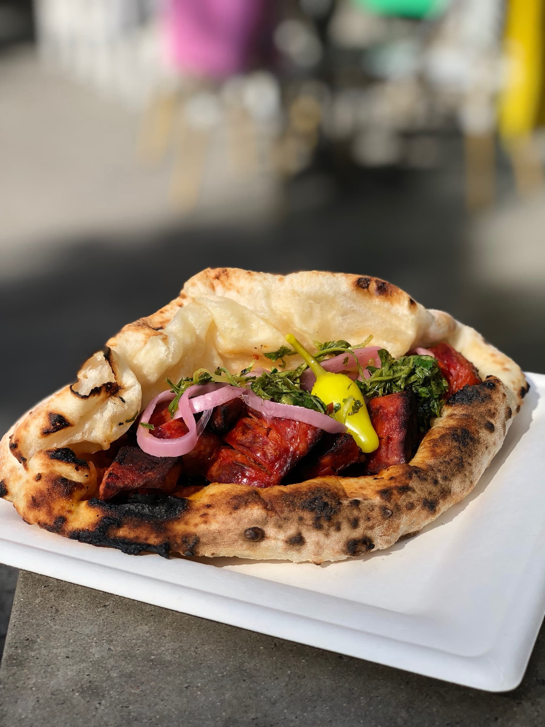 Spicy Salami pizzino with pickled onion and mint — a fast pre-theatre bite in Pyrmont